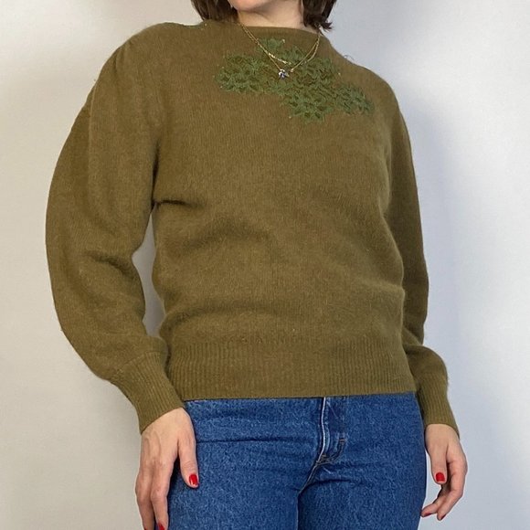Vintage 80s Olive Green Wool & ANGORA! Medium - Picture 7 of 7